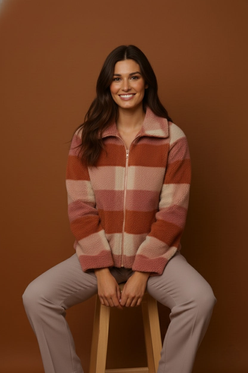 Cozy Check Textured Polyester Jacket with Spread Collar