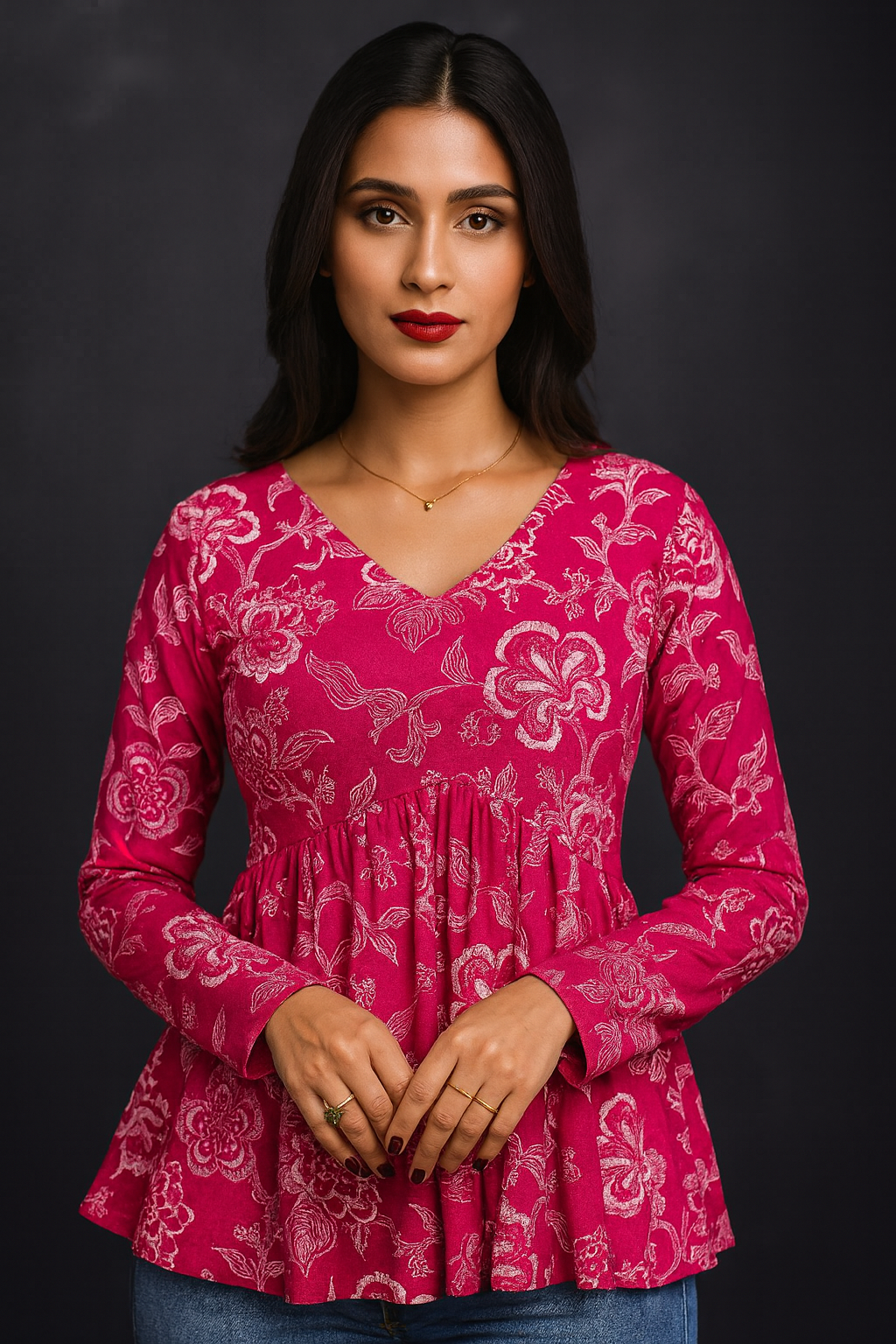 Flared Pink Rayon Floral Print Peplum Top for Women