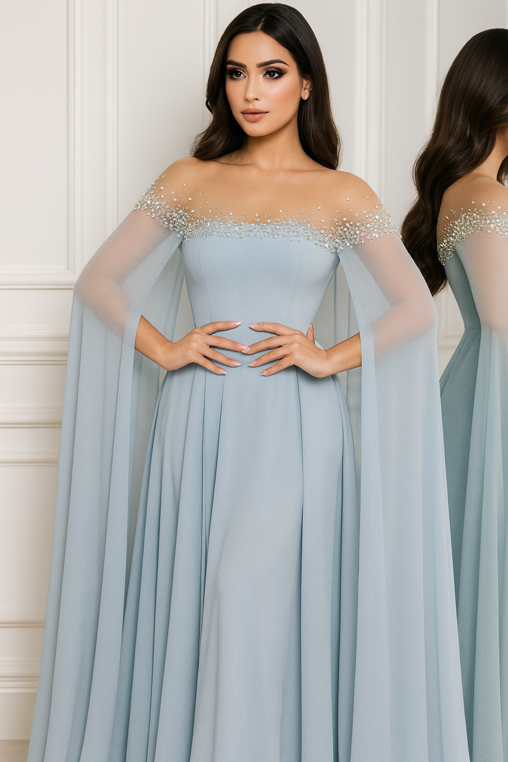 Ethereal Blue Embellished Off-Shoulder Gown with Flowing Cape Sleeves