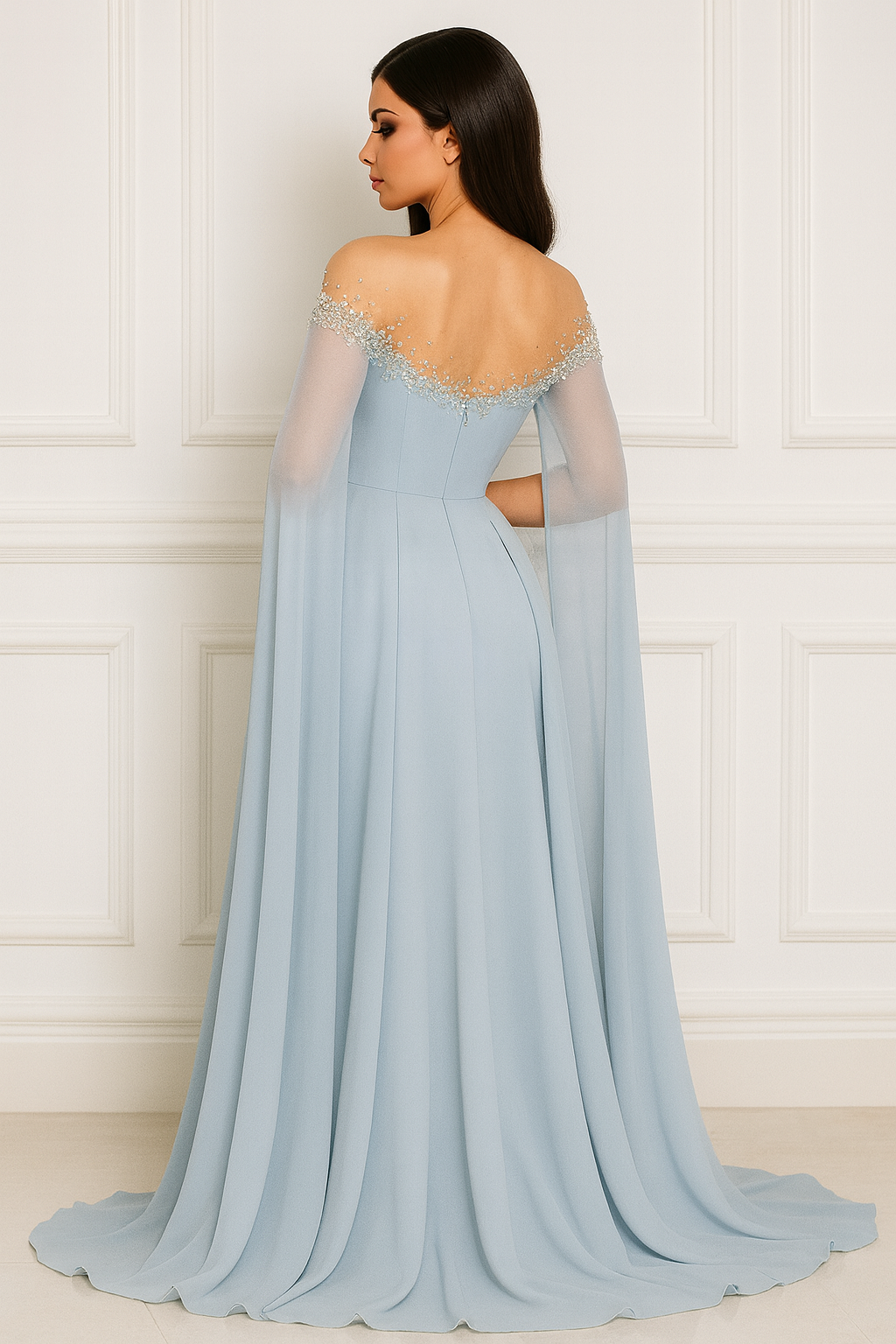 Ethereal Blue Embellished Off-Shoulder Gown with Flowing Cape Sleeves