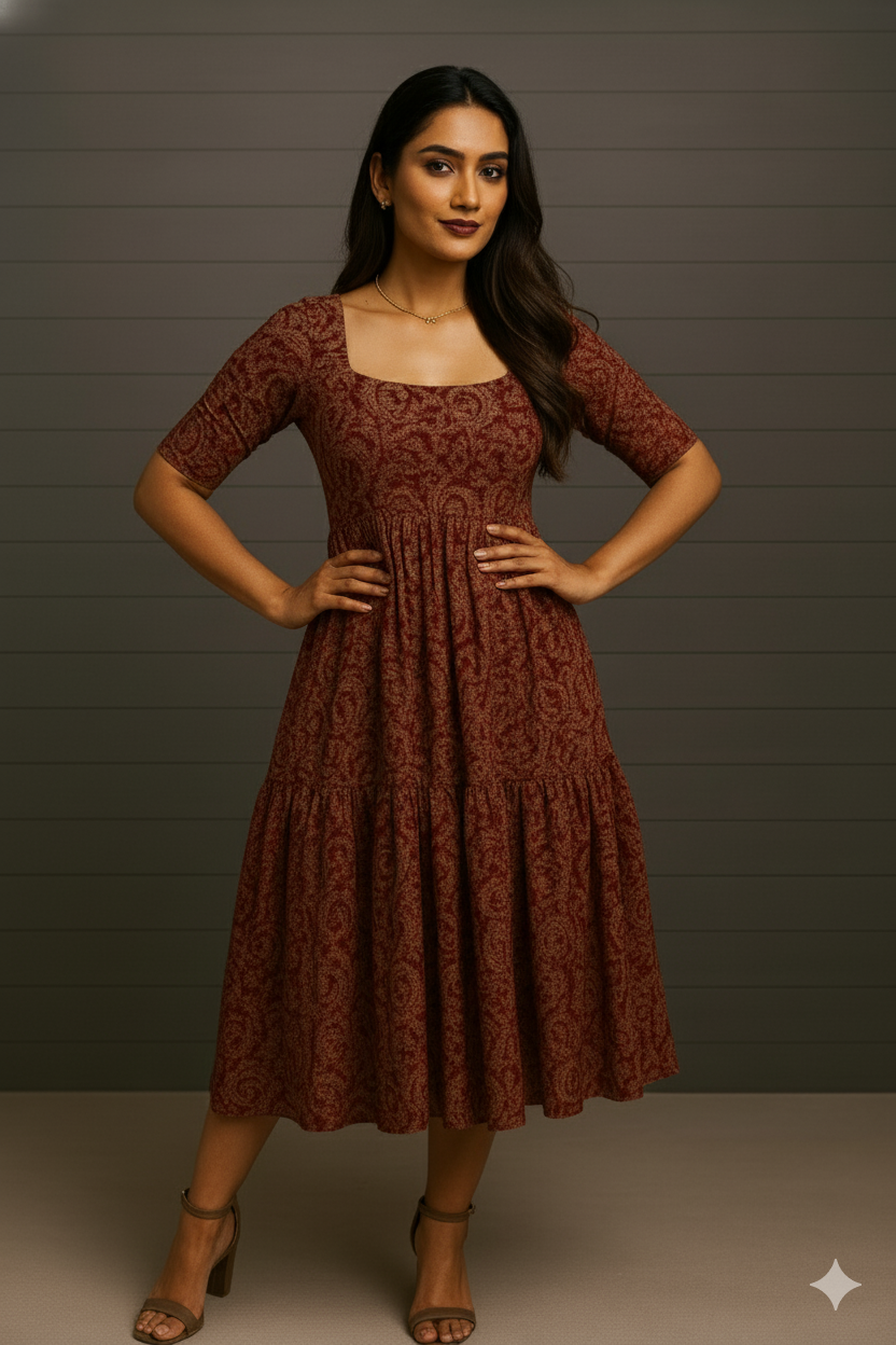 Elegant Maroon Printed Cotton Flared Gown