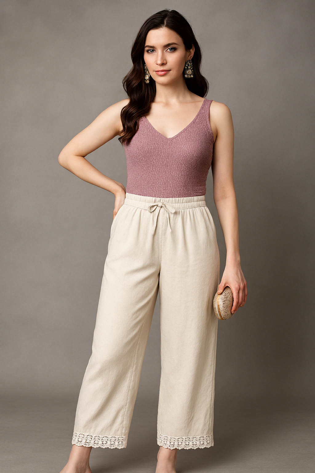 Women's Off-White Khadi Palazzo with Lace Hem