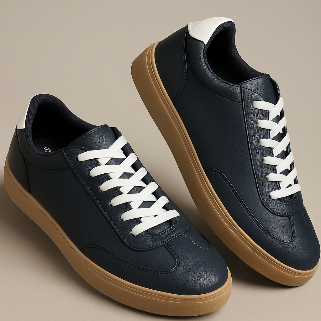 Men’s Navy Blue Casual Sneakers with White Lace-Up & Tan Rubber Sole