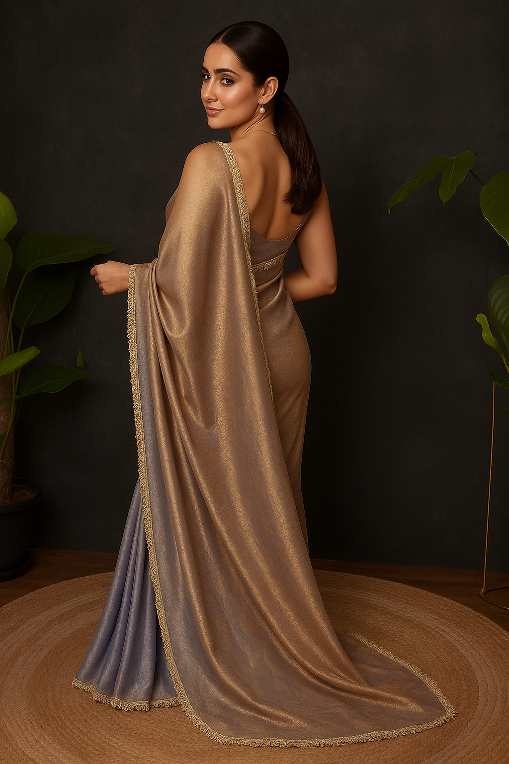 Gunmetal Blue Solid Tissue Saree with Unstitched Blouse Piece
