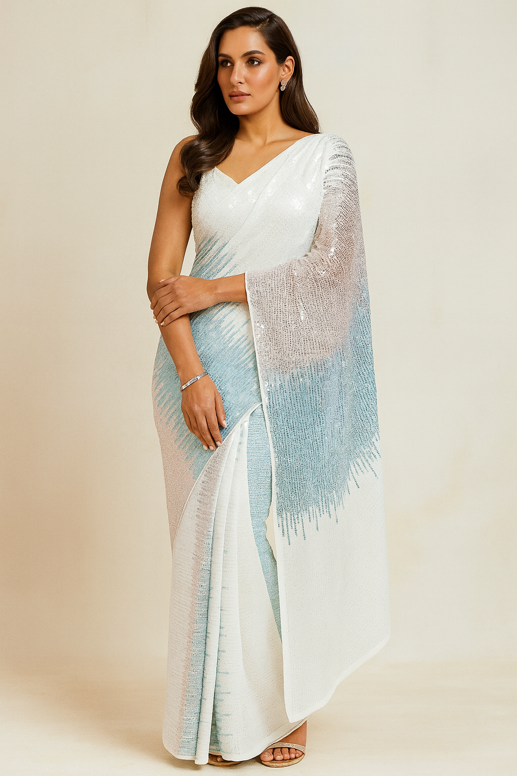 White & Blue Sequinned Pure Georgette Saree with Embellished Border