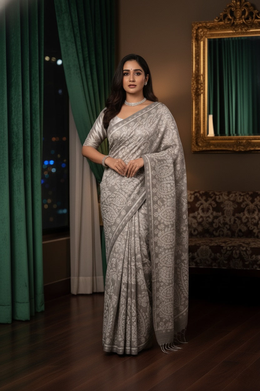 Premium Viscose Rayon Saree in Grey and White with Intricate Embroidered Border