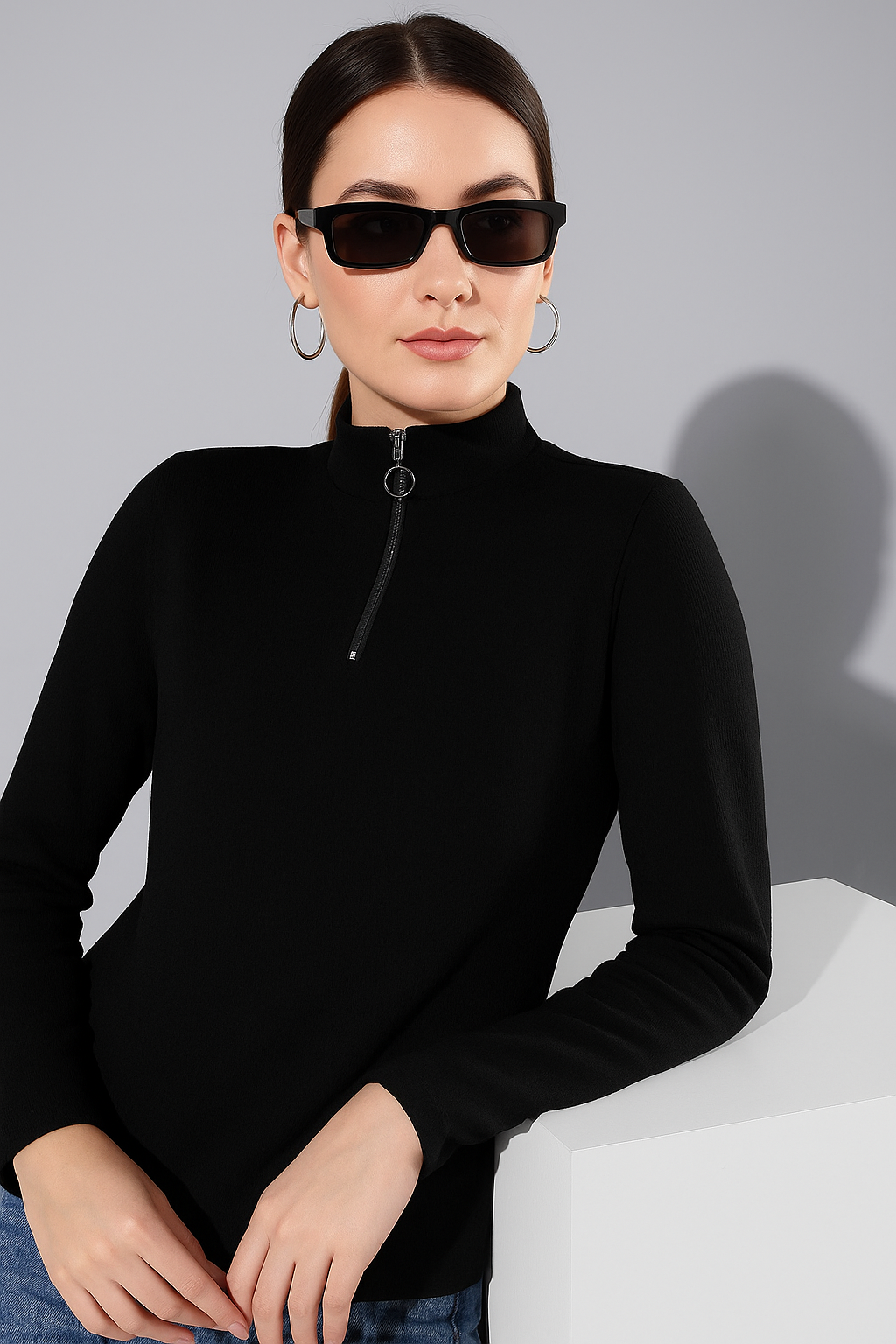 Stylish Solid Black Ribbed Polyester Top with Zipper Neck & Full Sleeves