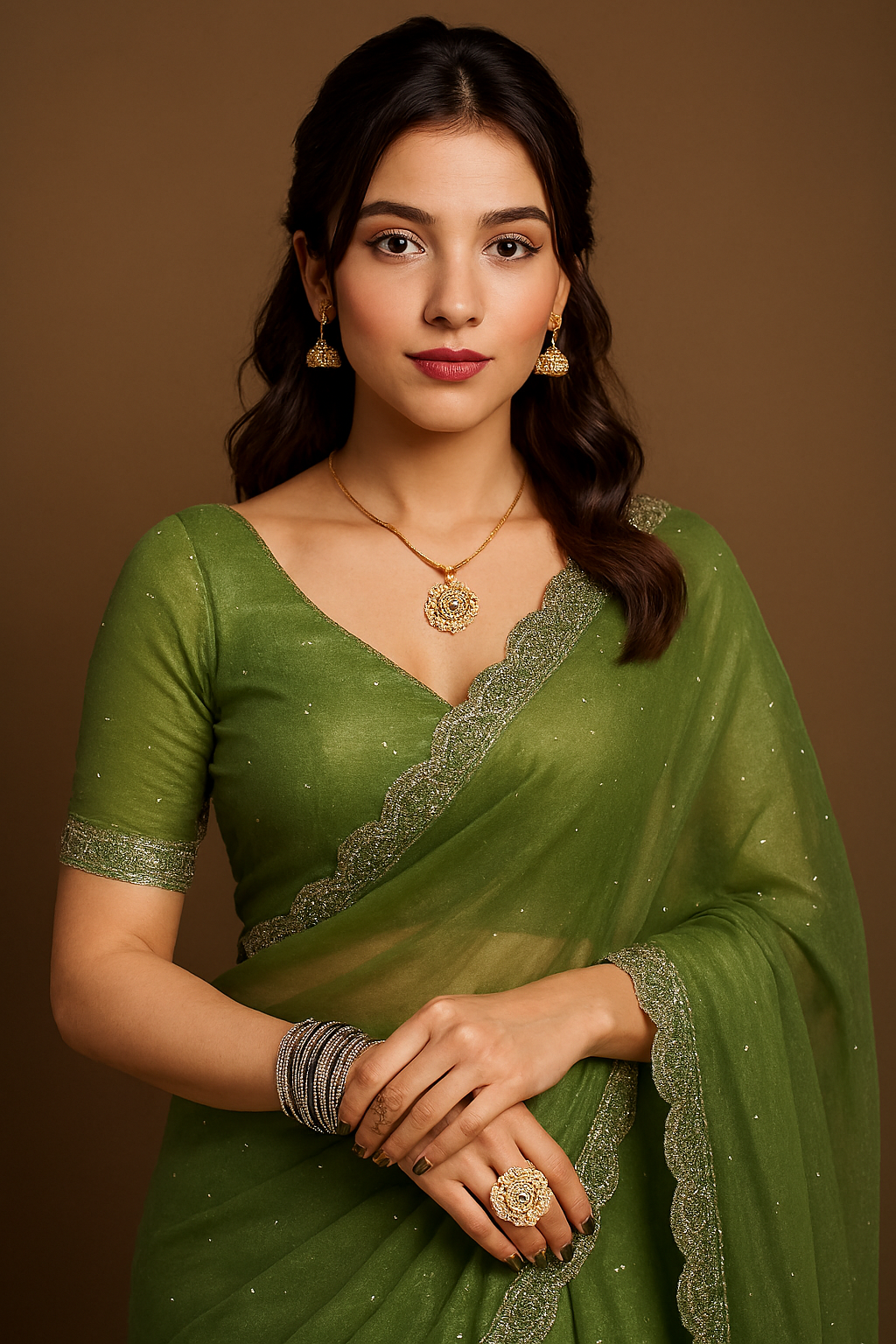 Premium Organza Saree with Sirosky Embellished Border – Green Edition