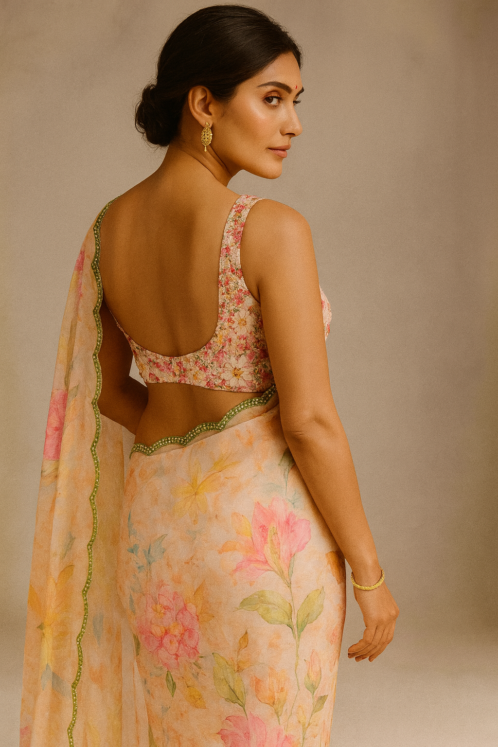 Peach Floral Silk Blend Saree with Embellished Mirror-Work Border