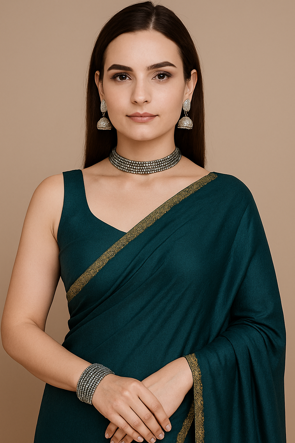 Elegant Teal Saree with Golden Border – Stylish Party & Wedding Wear for Women