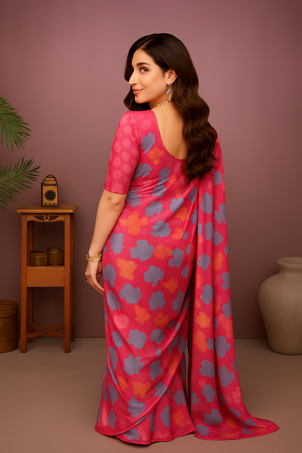Elegant Pink Floral Printed Tussar Silk Saree with Matching Blouse