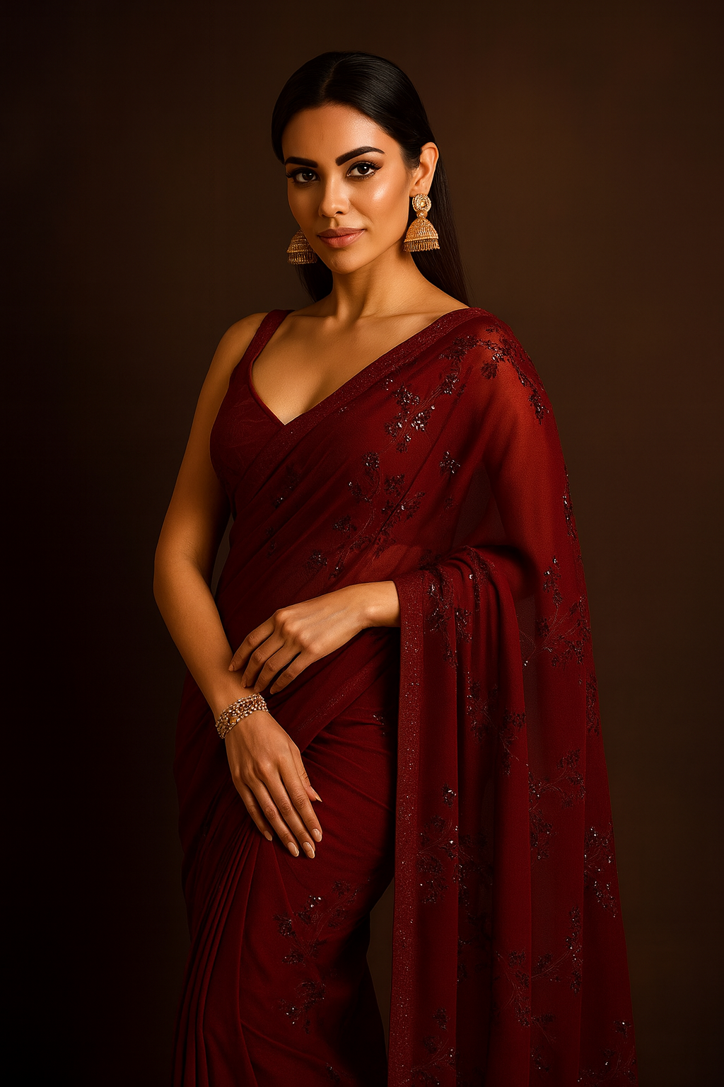Maroon Pure Georgette Sequin Embellished Saree with Satin Blouse Piece