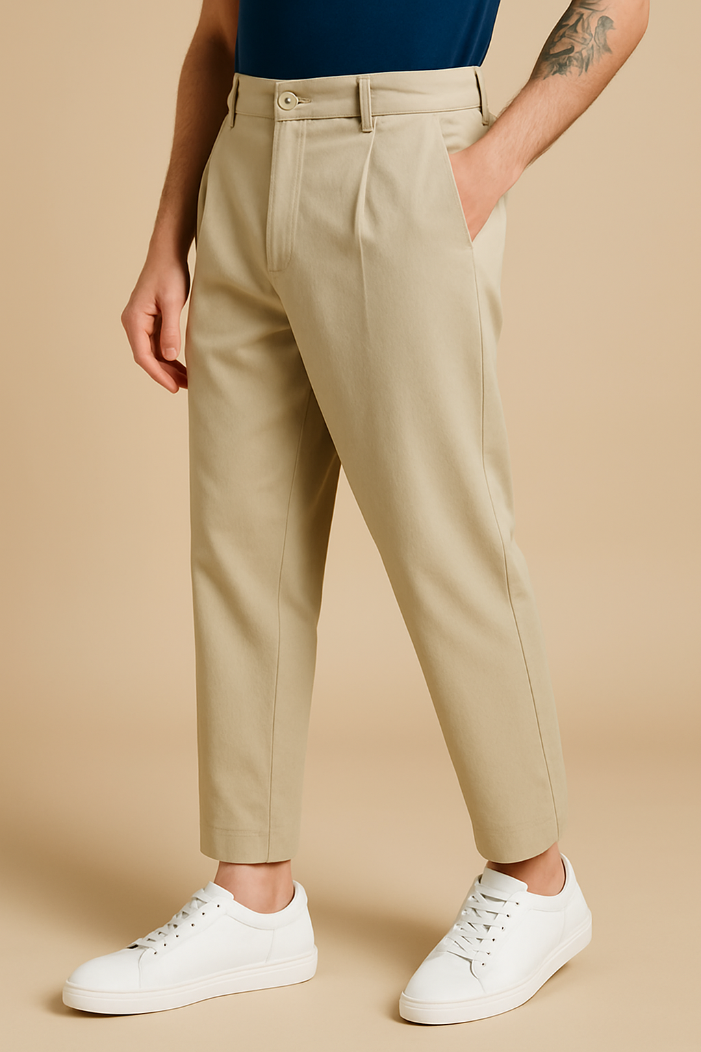 Beige Relaxed Fit Cotton Blend Trousers