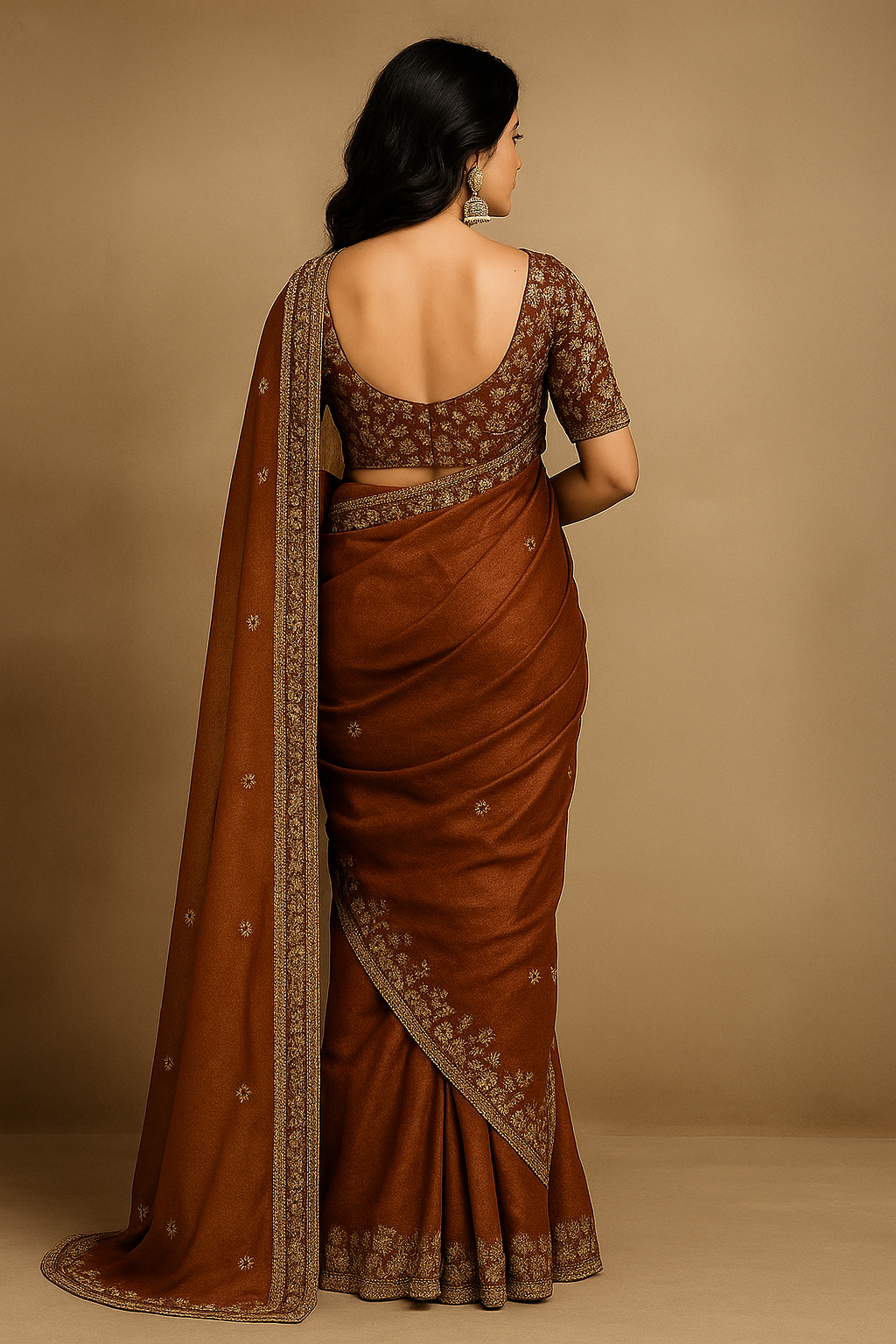Designer Tissue Saree in Rich Brown & Gold – Celebrity Inspired Look