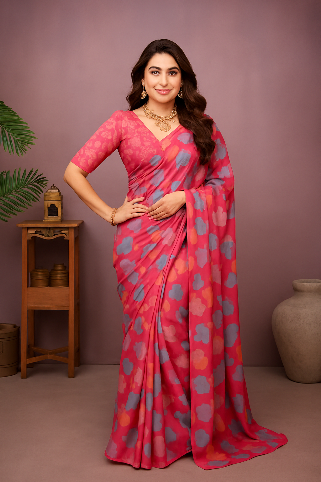 Elegant Pink Floral Printed Tussar Silk Saree with Matching Blouse