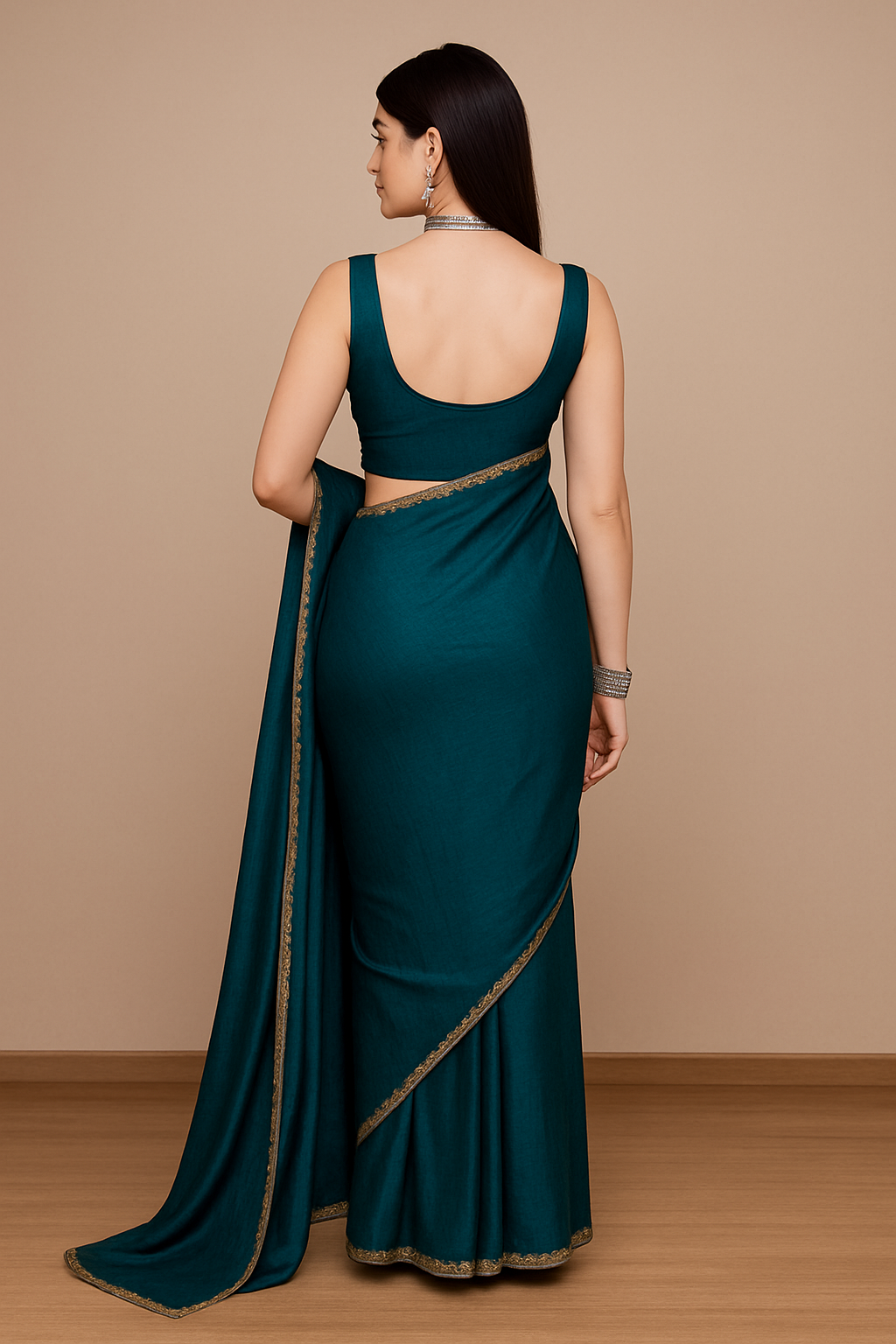 Elegant Teal Saree with Golden Border – Stylish Party & Wedding Wear for Women