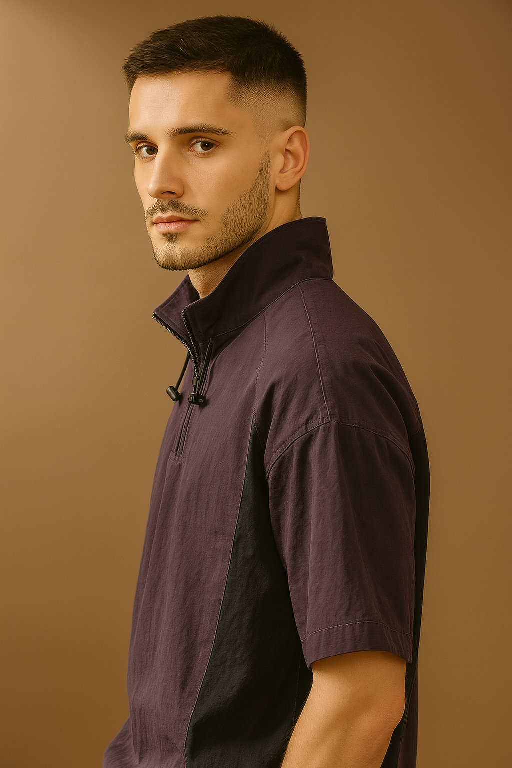 Men’s Purple High-Neck Colourblocked Relaxed Fit T-Shirt