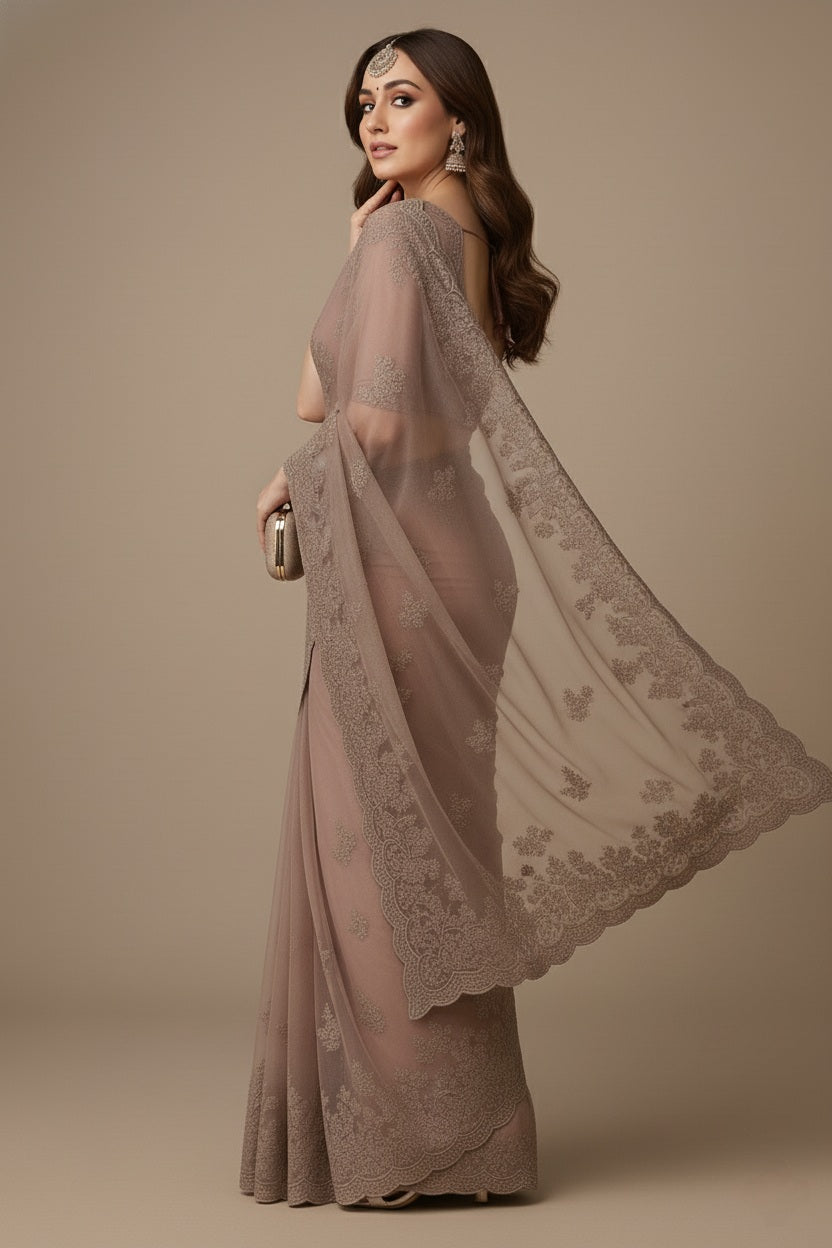 Premium Net Saree in Pink with Intricate Floral Embroidery