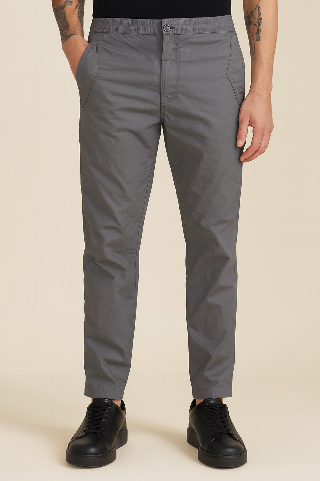Grey Cotton Regular Fit Mid-Rise Flat-Front Trousers