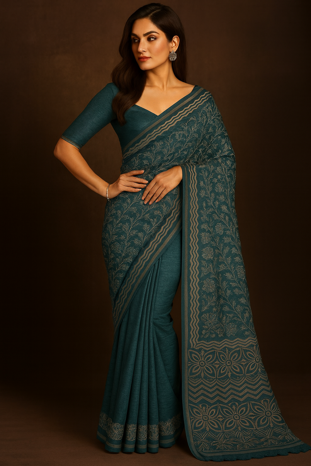 Teal Ikat Art Silk Saree with Embroidered Motifs & Embellished Border