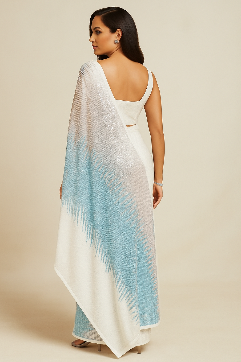 White & Blue Sequinned Pure Georgette Saree with Embellished Border