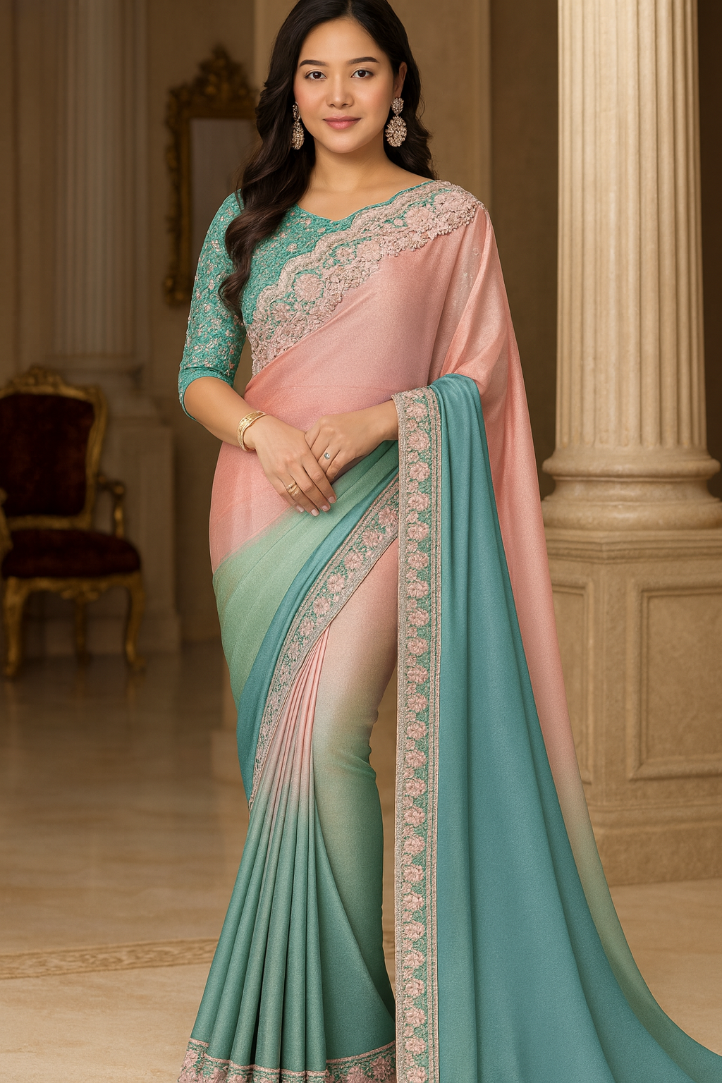 Peach & Teal Ombre Pure Chiffon Saree with Hand-Embellished Sequin Border