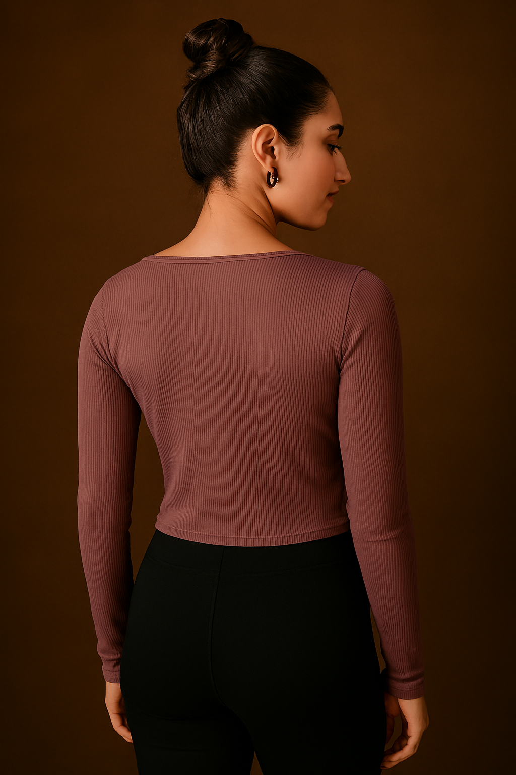 Women’s Ribbed V-Neck Tie Front Long Sleeve Top – Brown