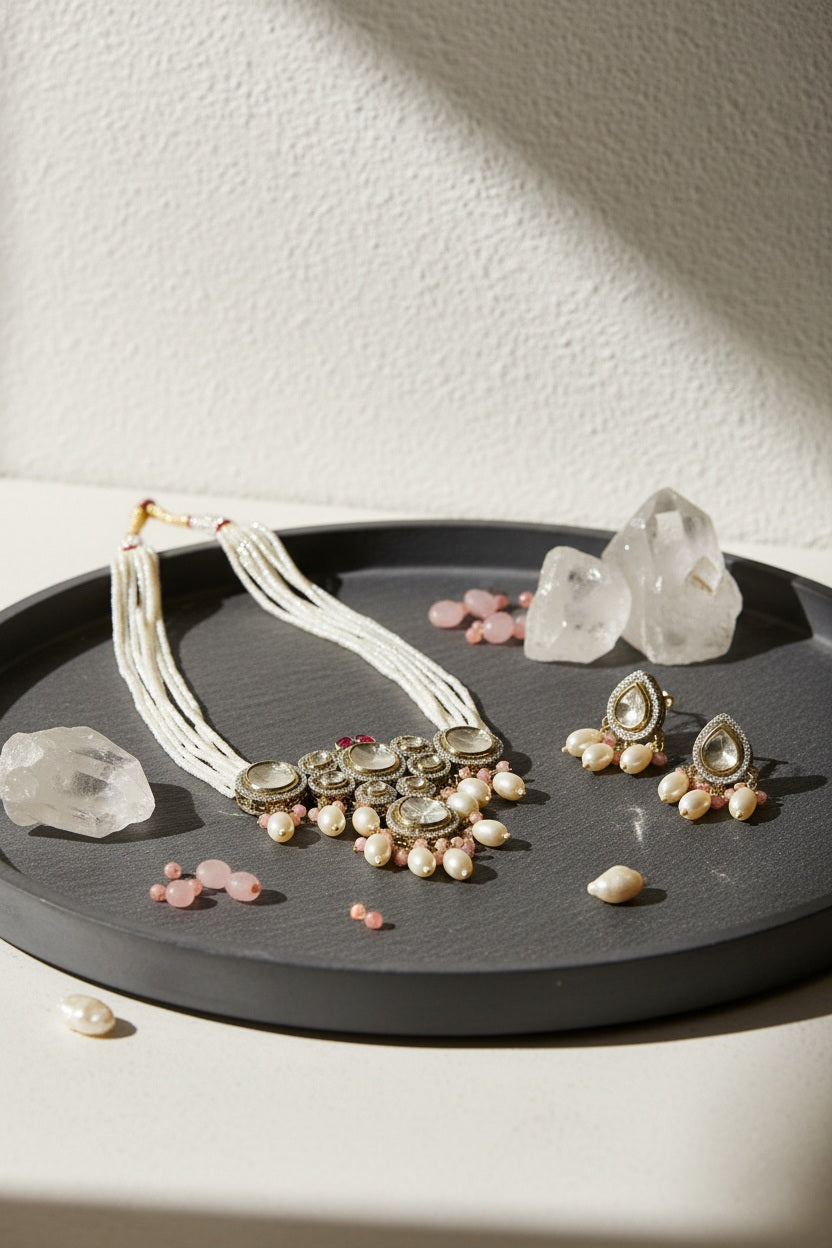 Handcrafted Polki and AD Choker Necklace Set for Women – Gold Finish with Stud Earring