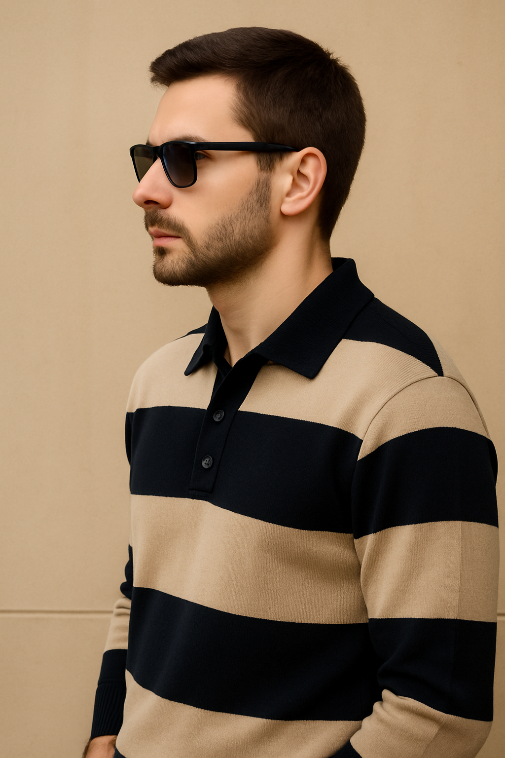 Men’s Regular Fit Beige & Black Striped Polo Sweater | Acrylic Knit Long Sleeve