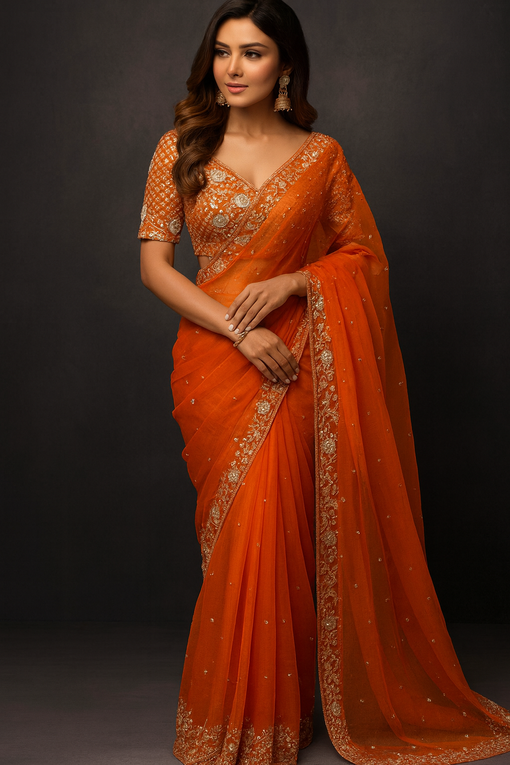 Premium Orange Organza Saree with Golden Sequin Embellished Border