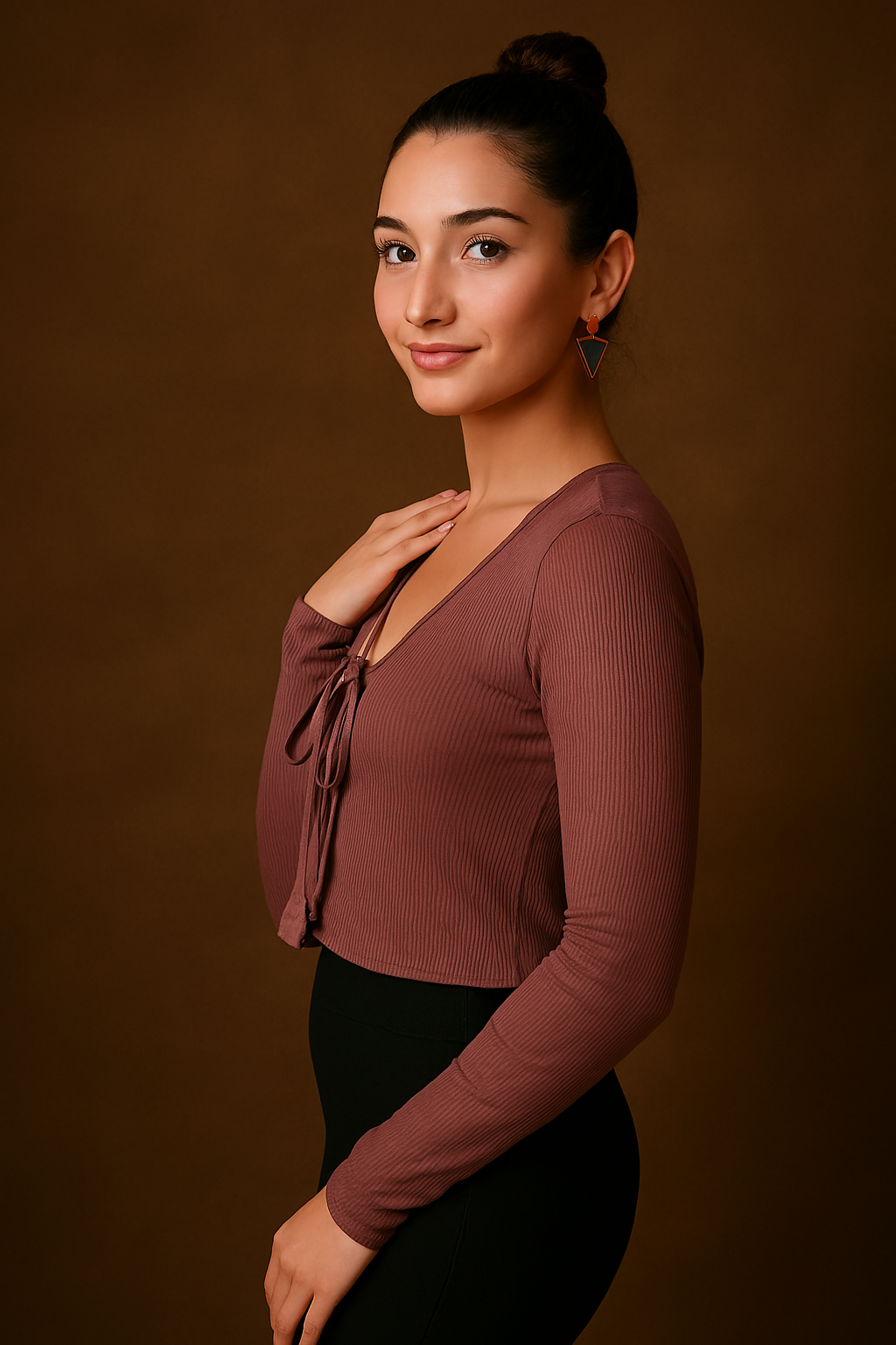 Women’s Ribbed V-Neck Tie Front Long Sleeve Top – Brown