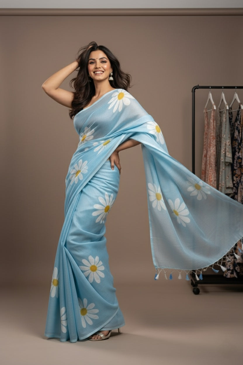 Ethereal Bloom Handloom Cotton Saree with Bangalori Silk Blouse