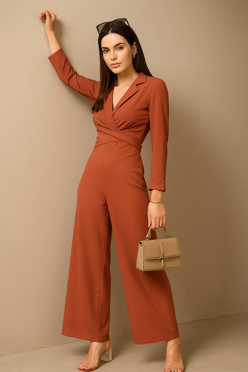 Women’s Solid Tan Elegant Lapel-Collar Long Sleeve Jumpsuit