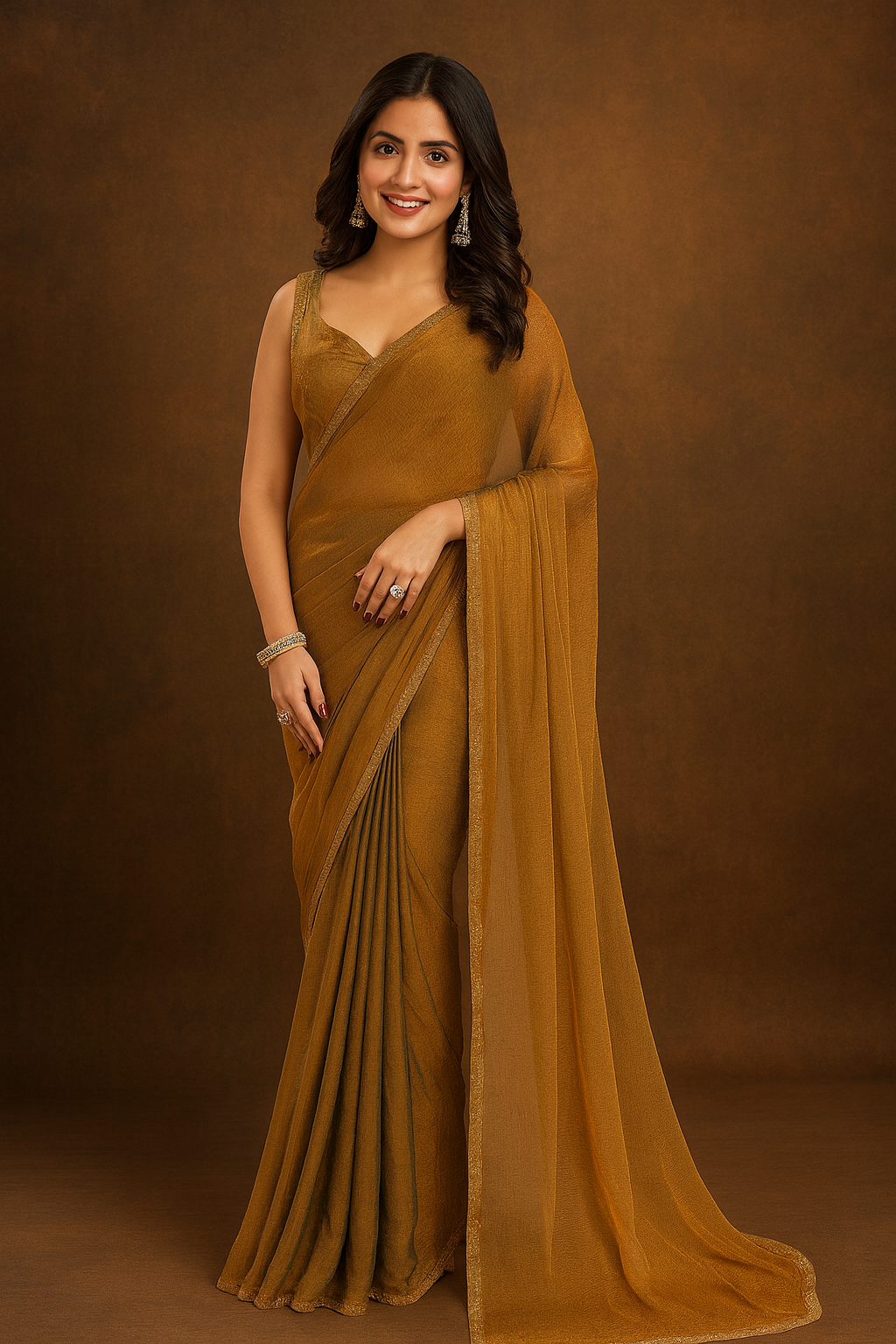 Gold & Rama Green Two-Tone Chiffon Silk Saree with Bead & Lace Detailing – Party & Wedding Collection