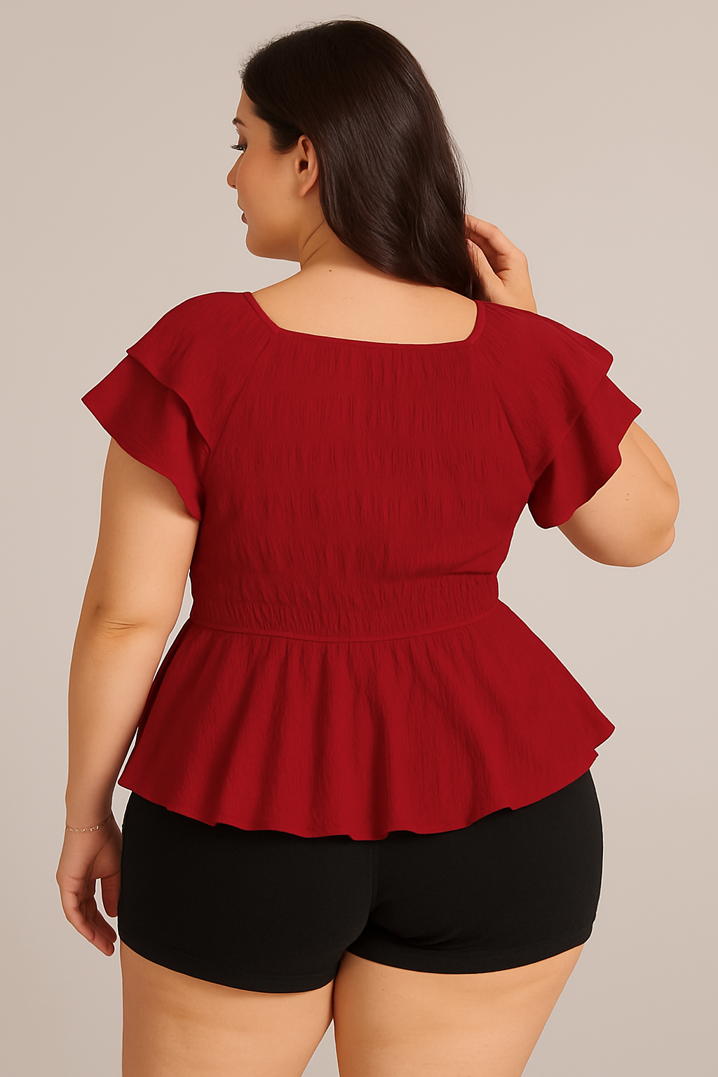 Classic Red Woven Peplum Top – Short Sleeve Design