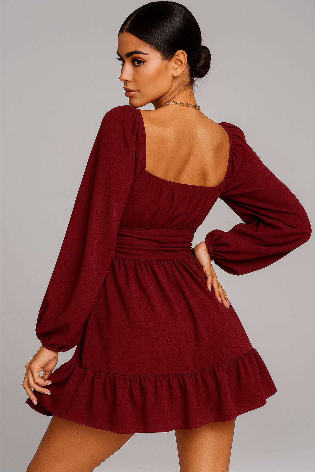 Wine Red Elegance Puff-Sleeve Dress