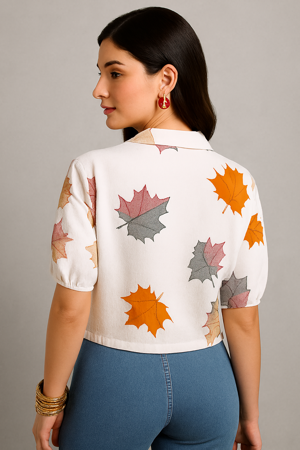 Women’s Casual Leaf Print Shirt Top – Short Sleeves