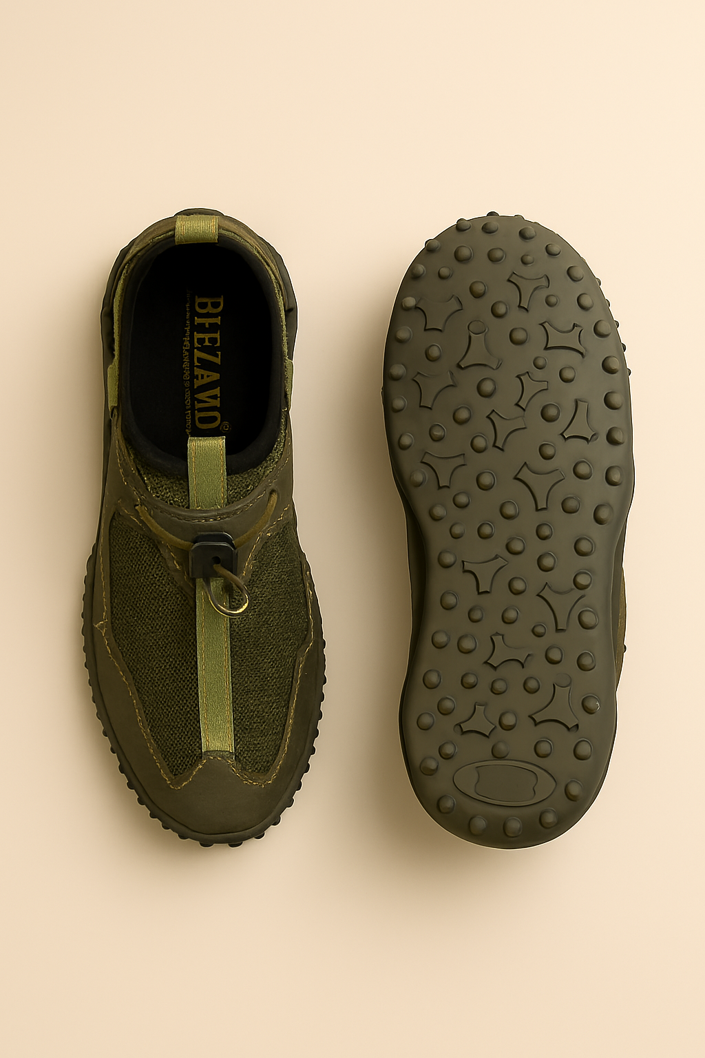 Men’s Olive Green Slip-On Sneakers with Mesh Detailing & Textured Sole