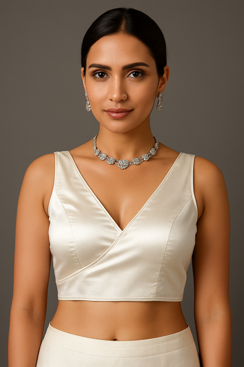 Premium White Net Saree with Silver Bead & Stone Embellished Border