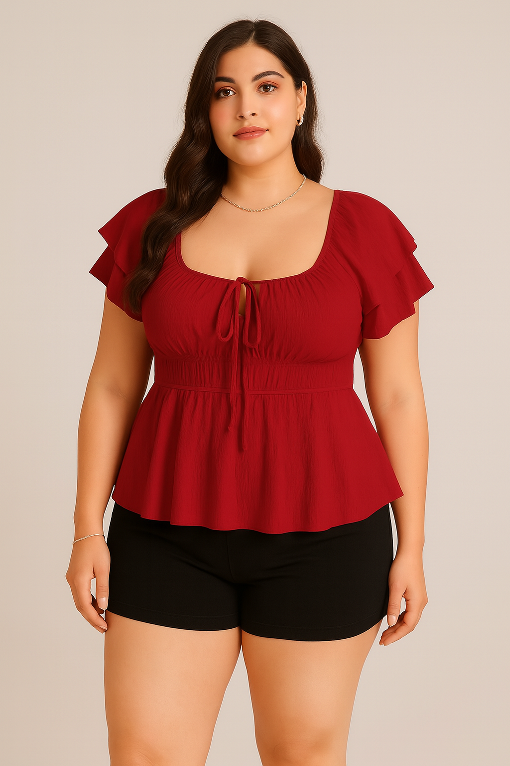 Classic Red Woven Peplum Top – Short Sleeve Design