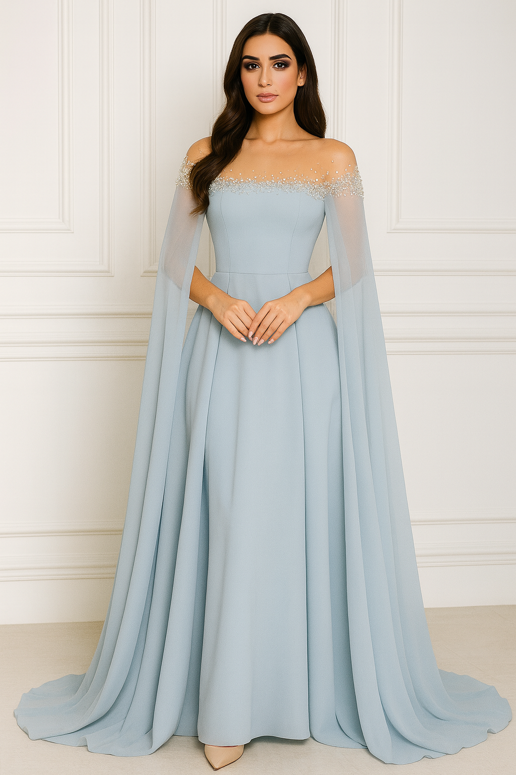 Ethereal Blue Embellished Off-Shoulder Gown with Flowing Cape Sleeves