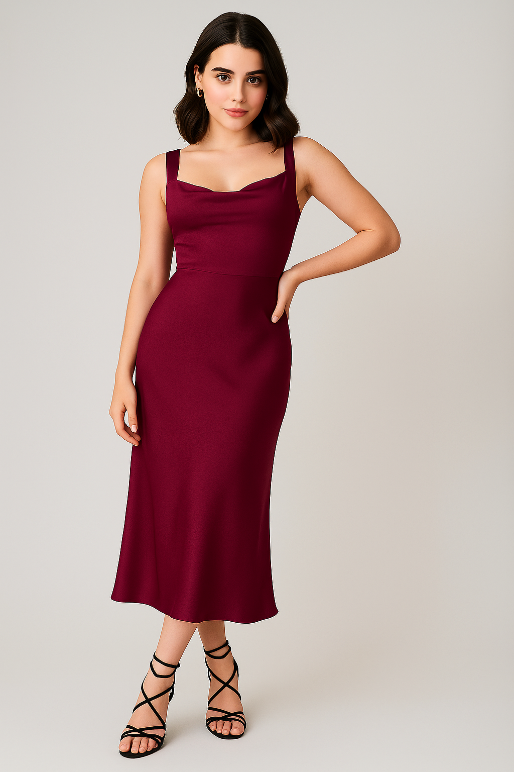 Magenta Satin Silk Maxi Dress with Cowl Neck