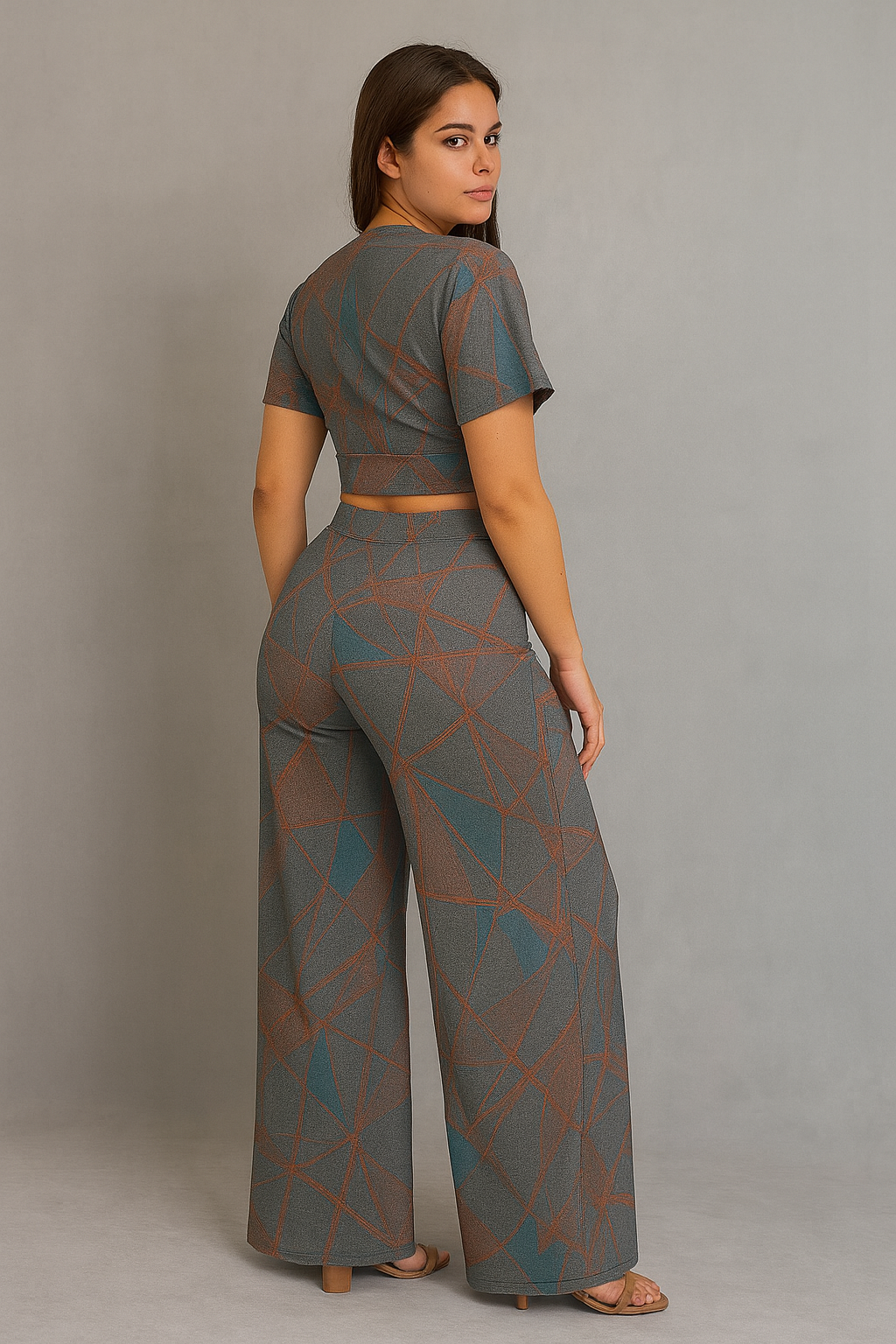 Chic Two-Piece Outfit - Modern Abstract Print Women’s Co-Ord Set | Crop Top & Flared Pants