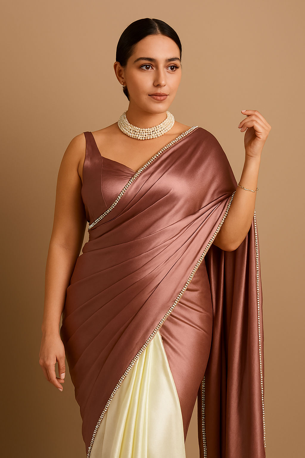 Women’s Brown Japan Satin Half-and-Half Designer Saree with Blouse Piece