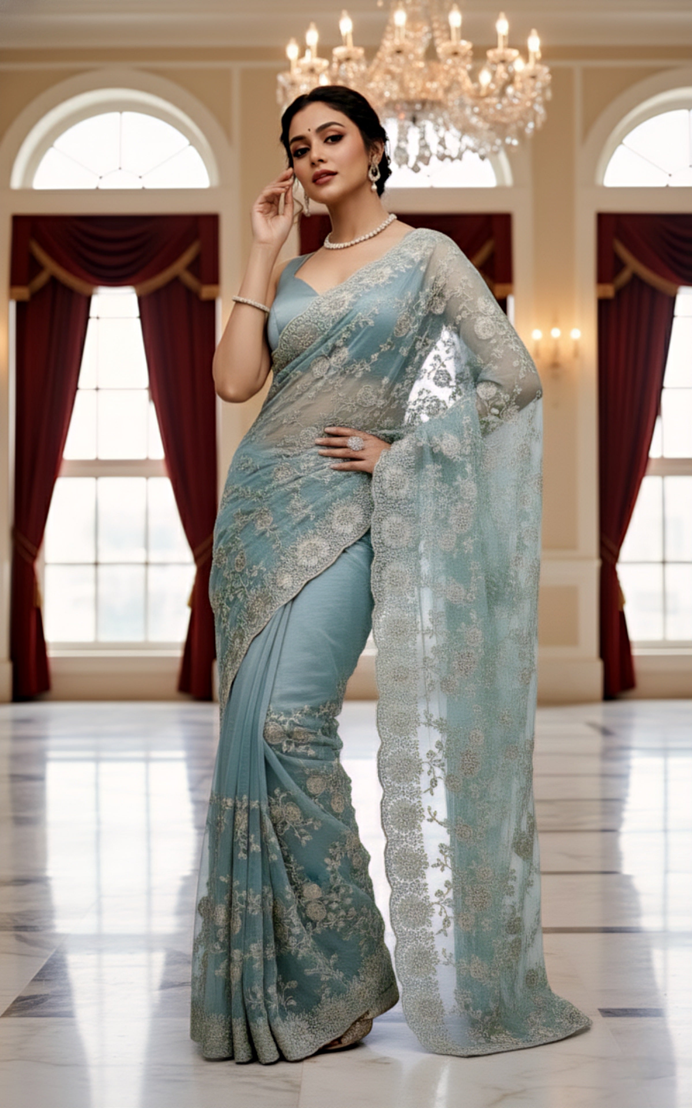 Blue & White Floral Embroidered Tissue Saree with Zari Detailing