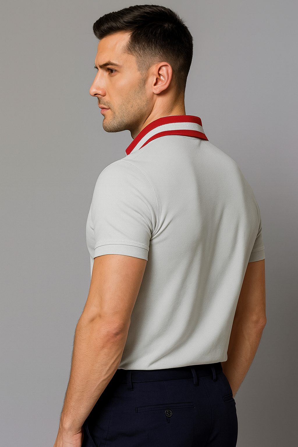 Men’s Grey Polo T-Shirt with Contrast Red Collar – Slim Fit Cotton Casual Wear