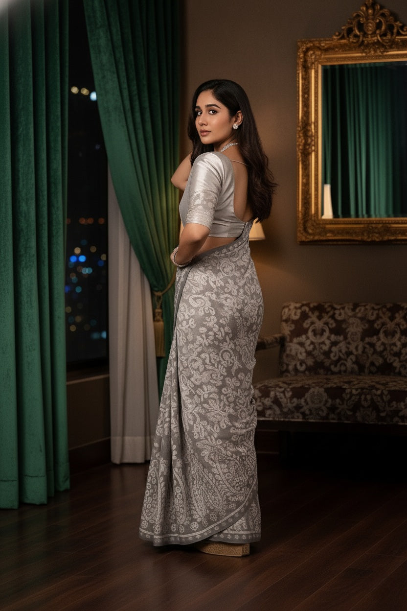 Premium Viscose Rayon Saree in Grey and White with Intricate Embroidered Border