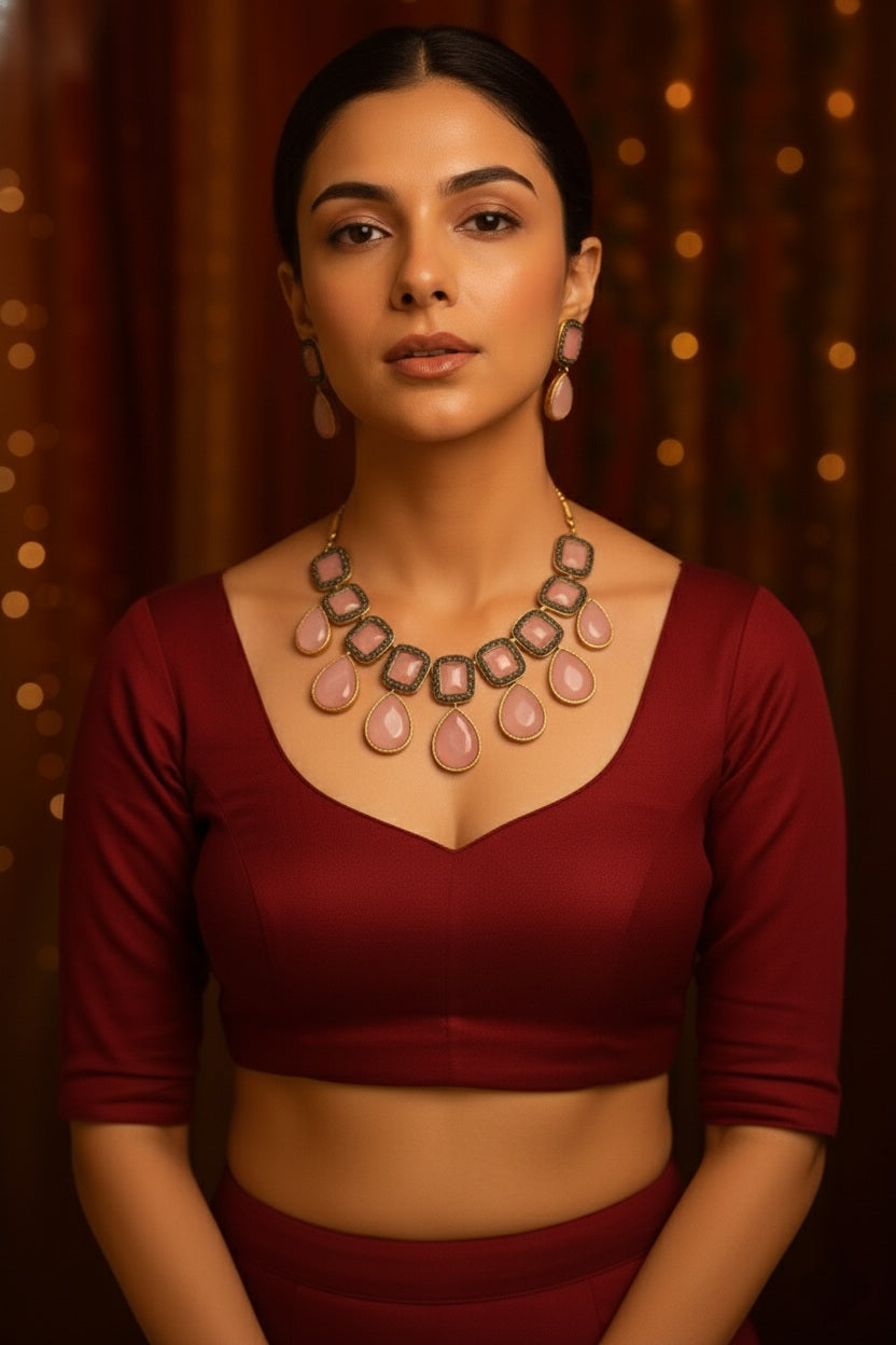 Luxury Baby Pink Monalisa Stone Choker Necklace and Earring Set