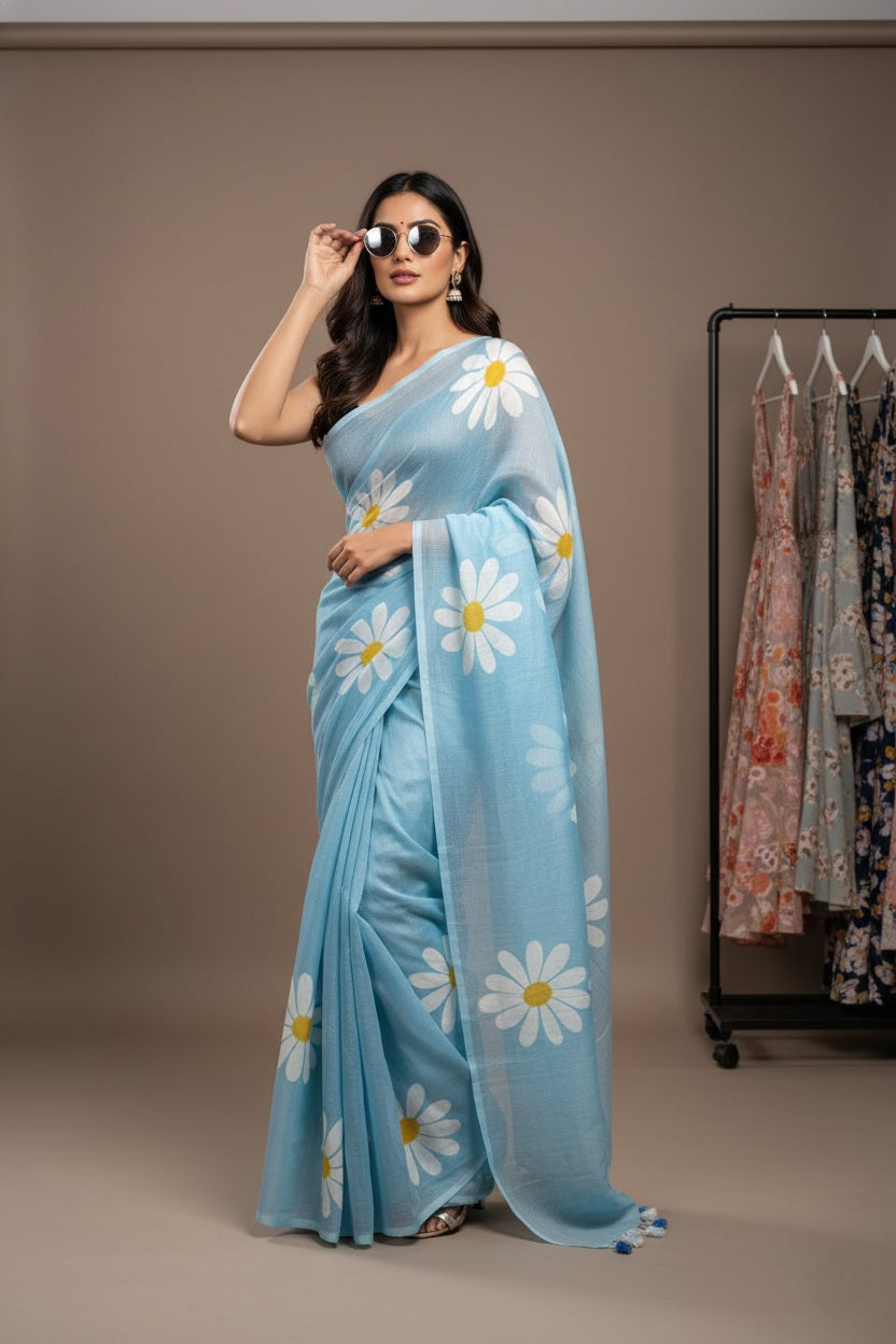 Ethereal Bloom Handloom Cotton Saree with Bangalori Silk Blouse