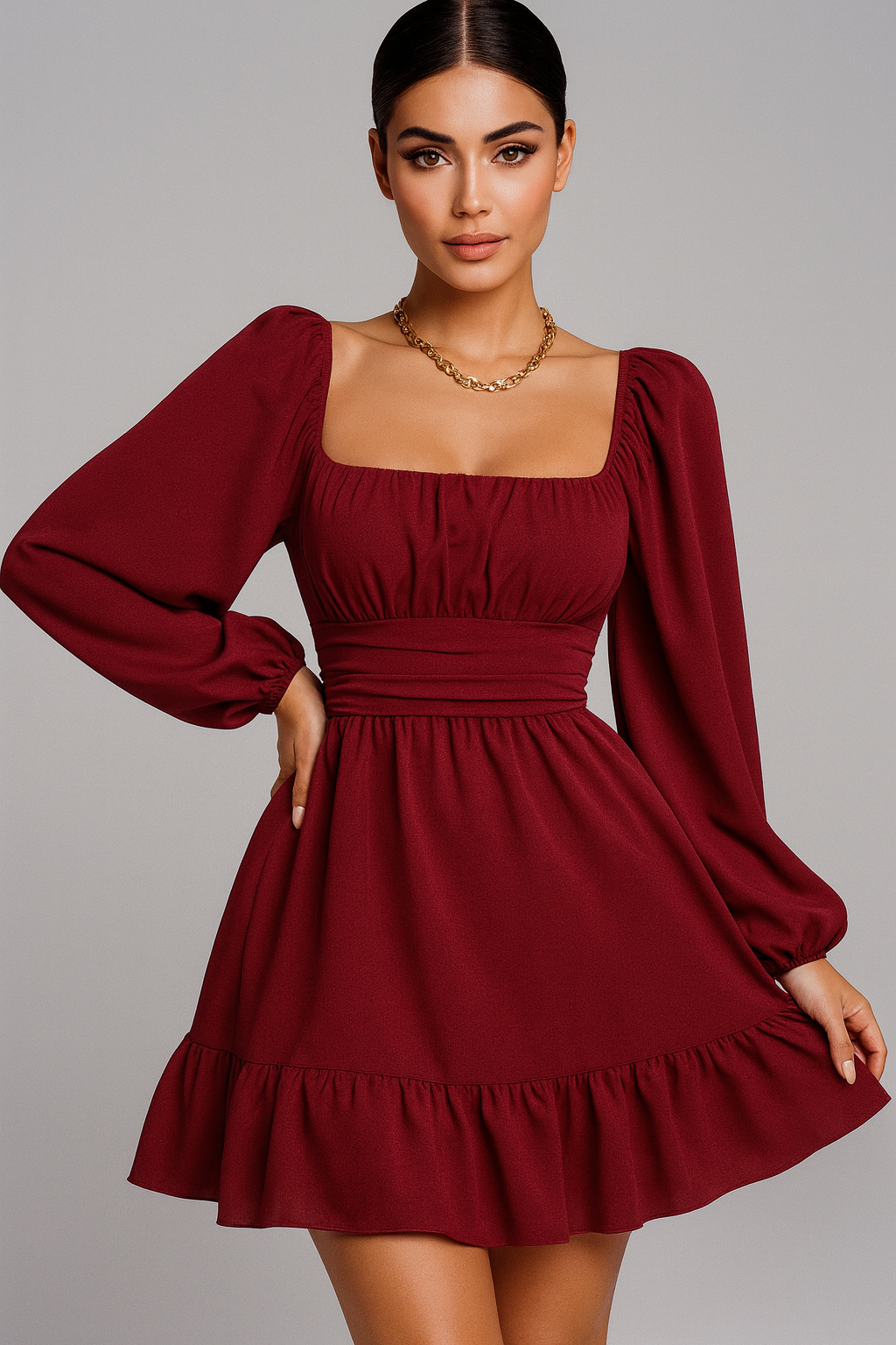 Wine Red Elegance Puff-Sleeve Dress